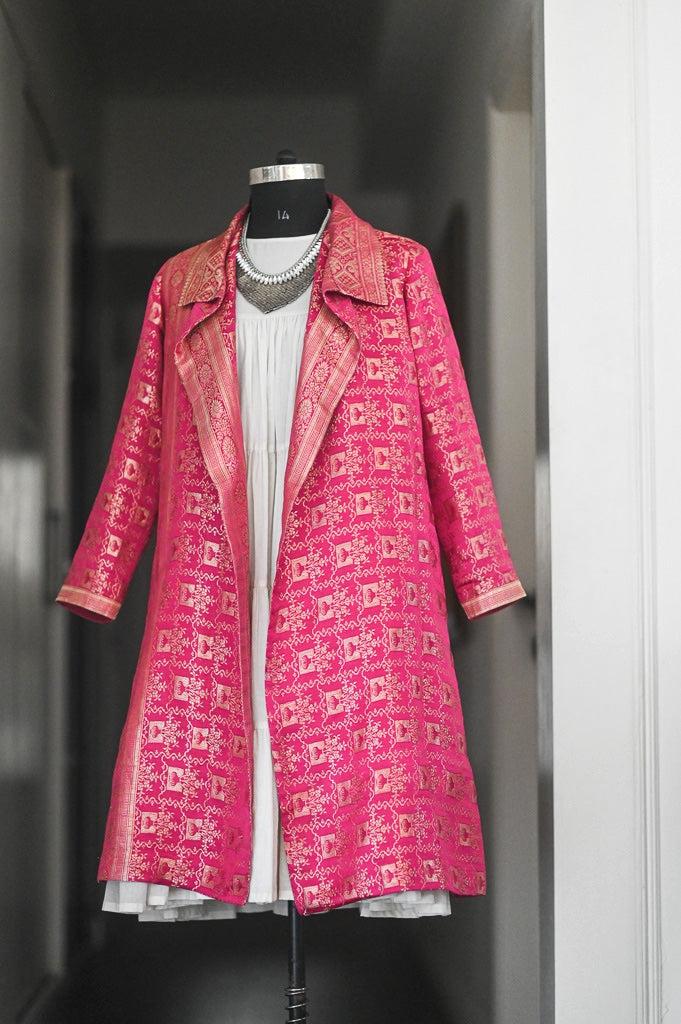 Jama 24, Long Robe Style Coat made with Vintage Zari Silk in  Fuschia &amp; Bronze Zari, Large