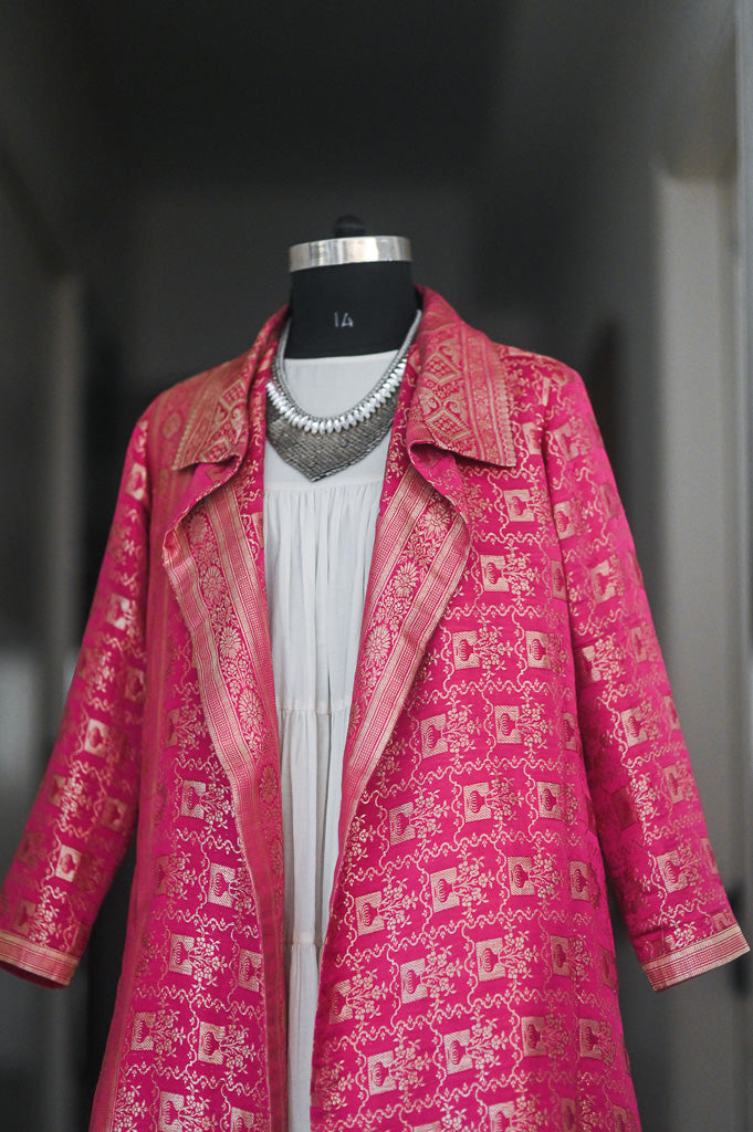 Jama 24, Long Robe Style Coat made with Vintage Zari Silk in  Fuschia &amp; Bronze Zari, Large