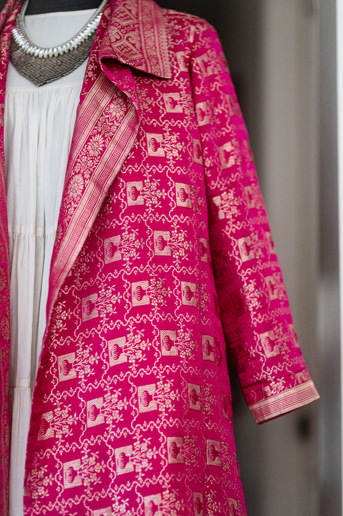 Jama 24, Long Robe Style Coat made with Vintage Zari Silk in  Fuschia &amp; Bronze Zari, Large