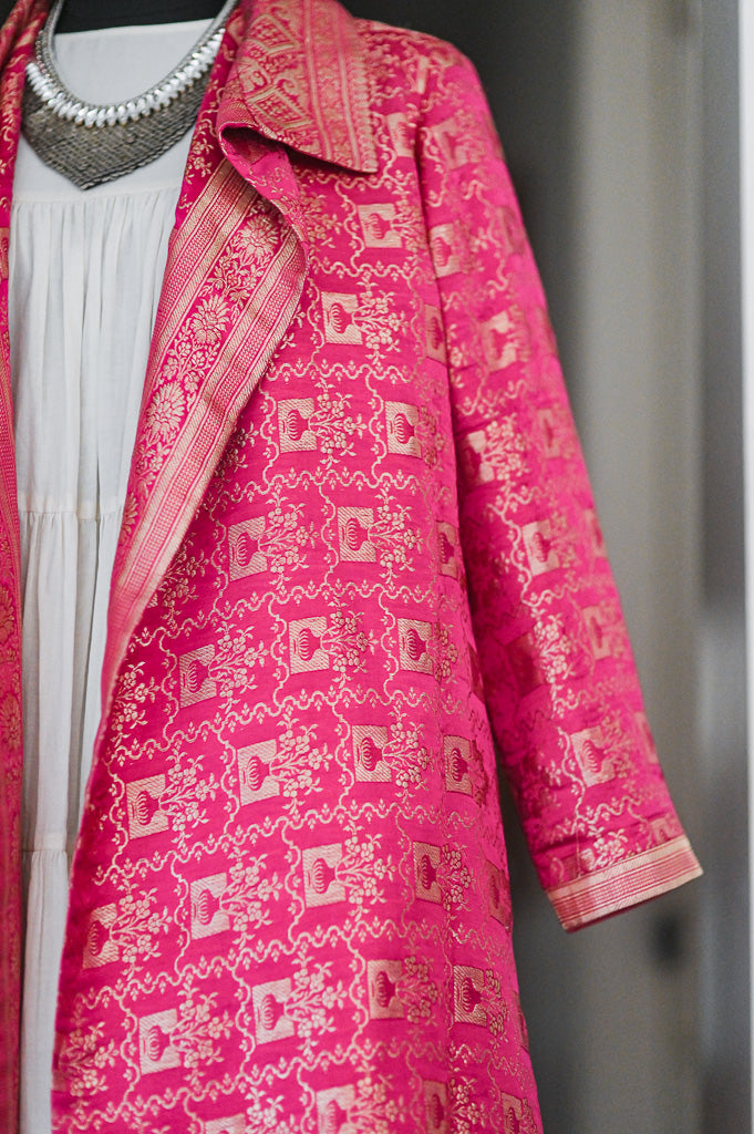 Jama 24, Long Robe Style Coat made with Vintage Zari Silk in  Fuschia &amp; Bronze Zari, Large