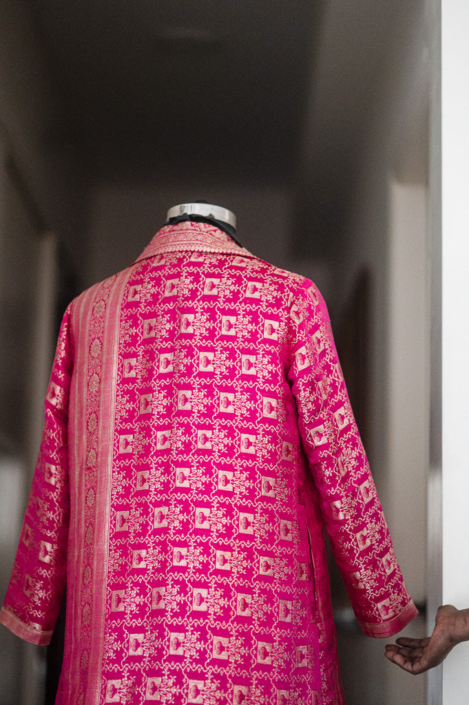 Jama 24, Long Robe Style Coat made with Vintage Zari Silk in  Fuschia &amp; Bronze Zari, Large