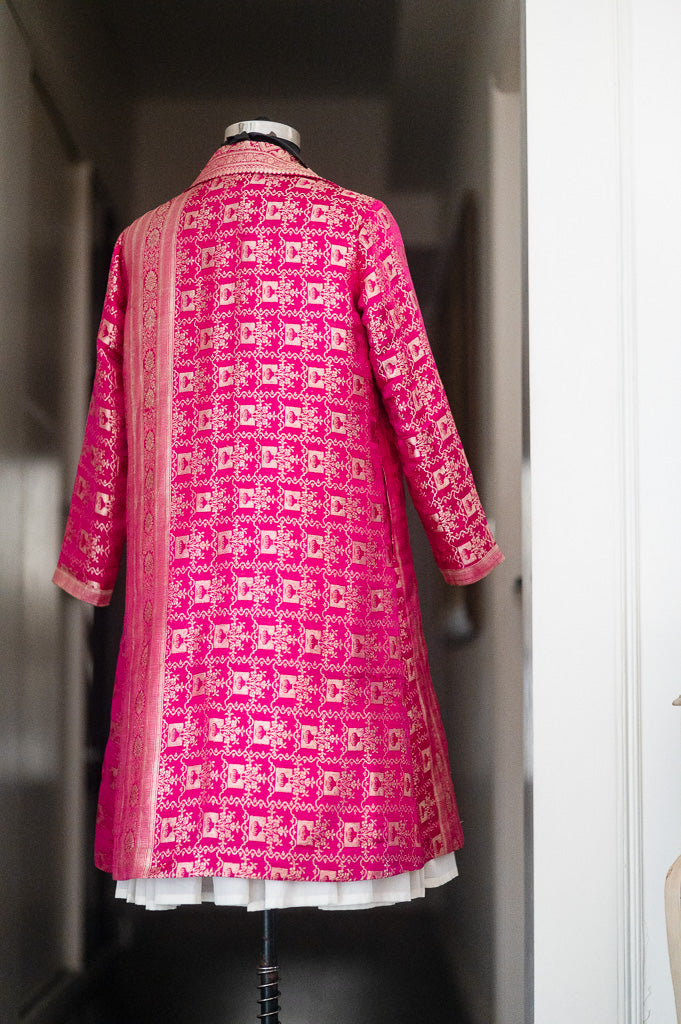 Jama 24, Long Robe Style Coat made with Vintage Zari Silk in  Fuschia &amp; Bronze Zari, Large