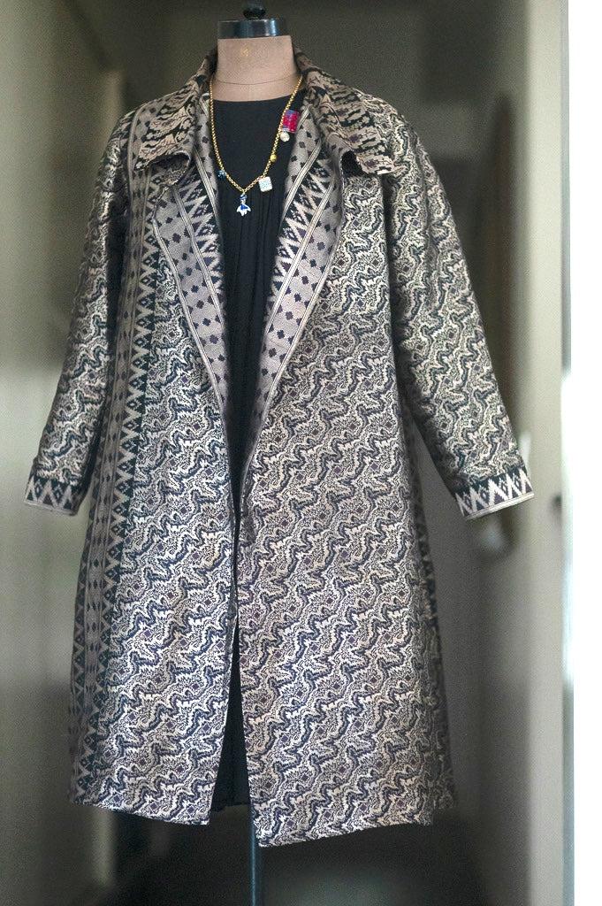 Jama 27, Long Robe Style Coat made with Vintage Zari Silk in Black &amp; Silver Zari, XL