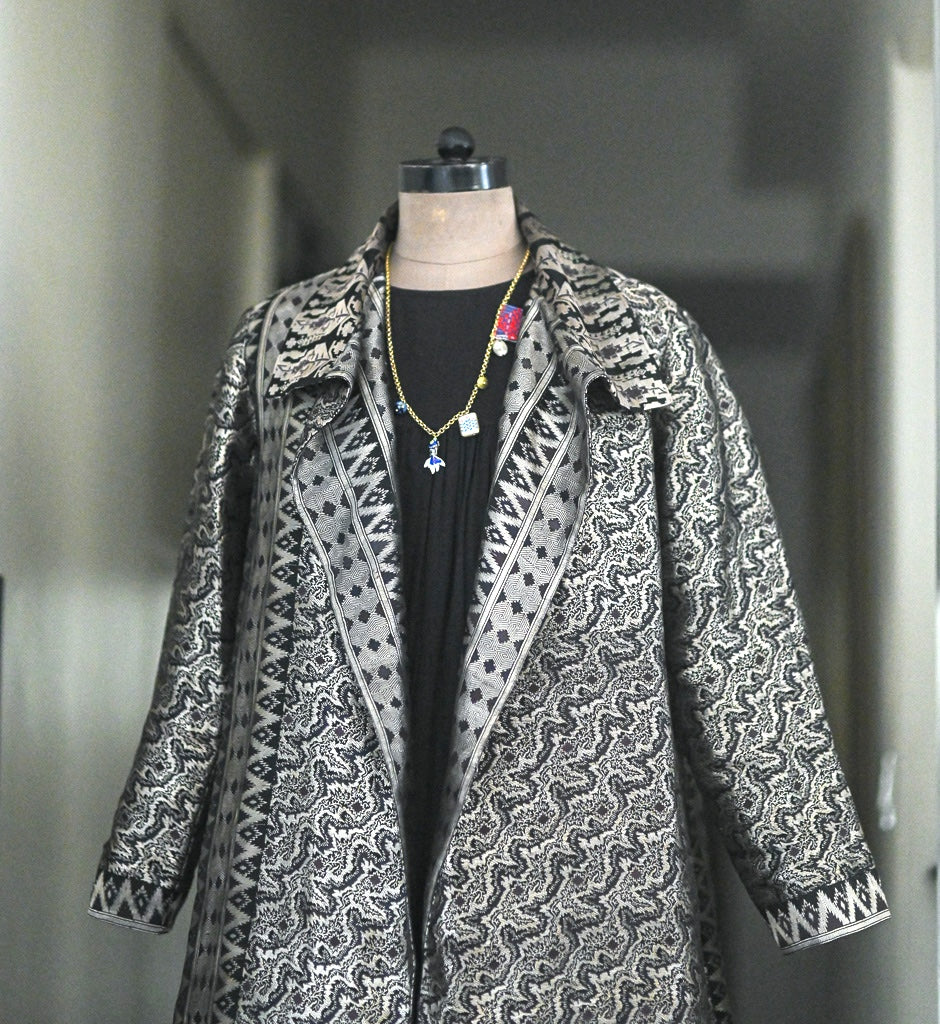 Jama 27, Long Robe Style Coat made with Vintage Zari Silk in Black &amp; Silver Zari, XL