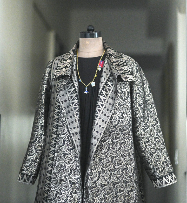 Jama 27, Long Robe Style Coat made with Vintage Zari Silk in Black &amp; Silver Zari, XL