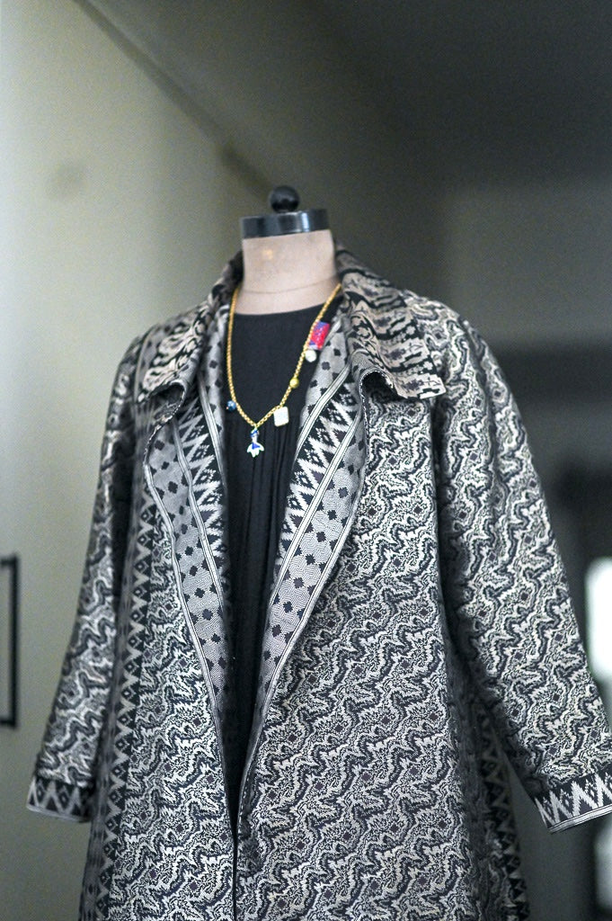 Jama 27, Long Robe Style Coat made with Vintage Zari Silk in Black &amp; Silver Zari, XL