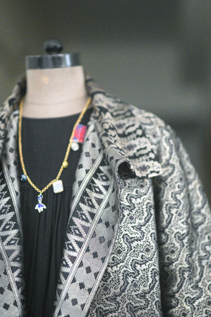 Jama 27, Long Robe Style Coat made with Vintage Zari Silk in Black &amp; Silver Zari, XL