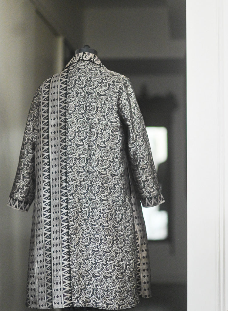 Jama 27, Long Robe Style Coat made with Vintage Zari Silk in Black &amp; Silver Zari, XL