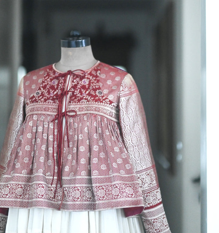 Fatima, Vintage Zari Saree Up Cycled Kedia Blouse in Deep Red, Medium - kinchecom