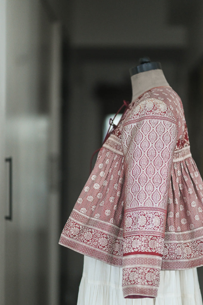 Fatima, Vintage Zari Saree Up Cycled Kedia Blouse in Deep Red, Medium - kinchecom