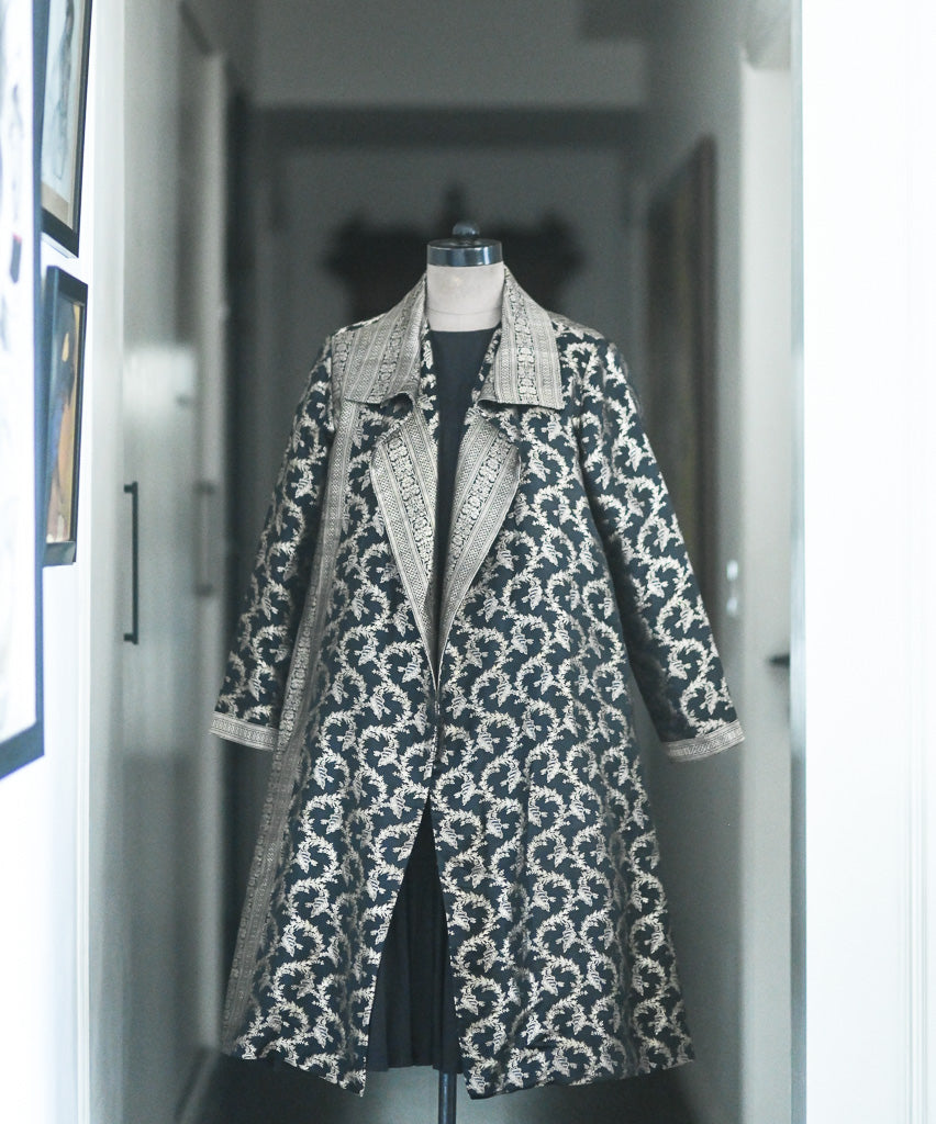 Jama 32, Long Robe Style Coat made with Vintage Zari Silk in Black &amp; Gold, Medium/Large - kinchecom