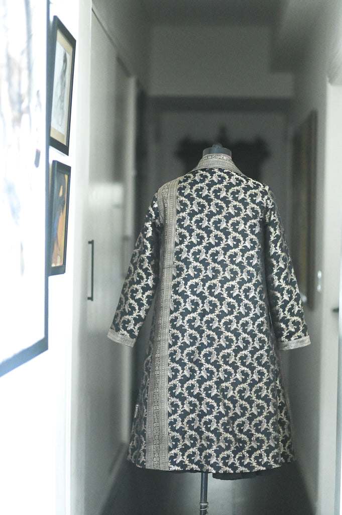 Jama 32, Long Robe Style Coat made with Vintage Zari Silk in Black & Gold, Medium/Large - kinchecom