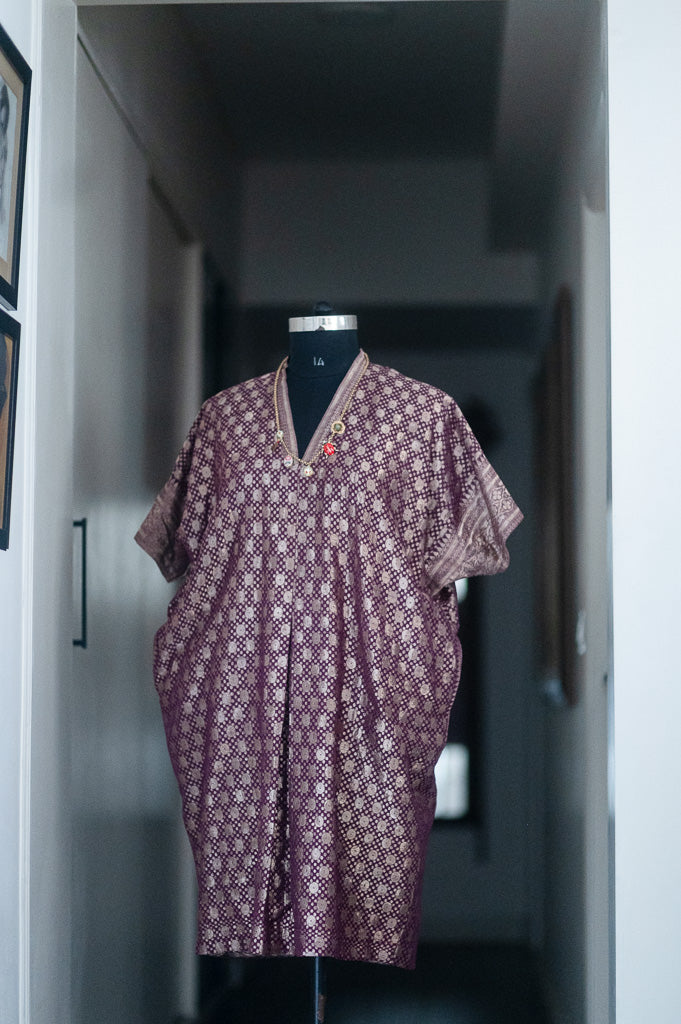 Huda, Violet &amp; Gold Zari Kaftan in Size Large, made with Vintage Zari Saree - kinchecom