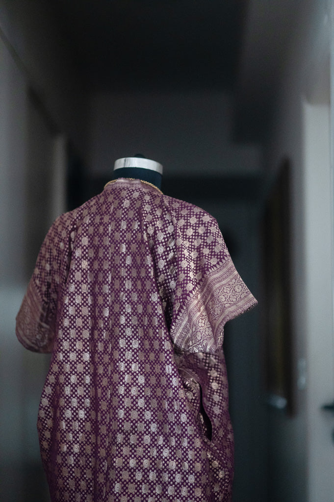 Huda, Violet &amp; Gold Zari Kaftan in Size Large, made with Vintage Zari Saree - kinchecom