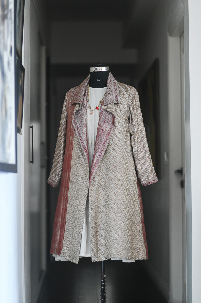 Jama 35, Long Robe Style Coat made with Vintage Zari Silk in Champagne and Red, XXL - kinchecom
