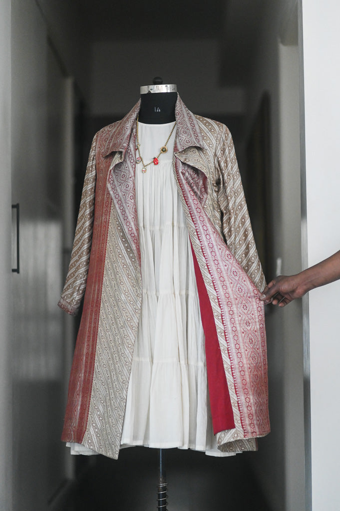 Jama 35, Long Robe Style Coat made with Vintage Zari Silk in Champagne and Red, XXL - kinchecom