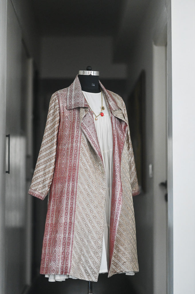 Jama 35, Long Robe Style Coat made with Vintage Zari Silk in Champagne and Red, XXL - kinchecom