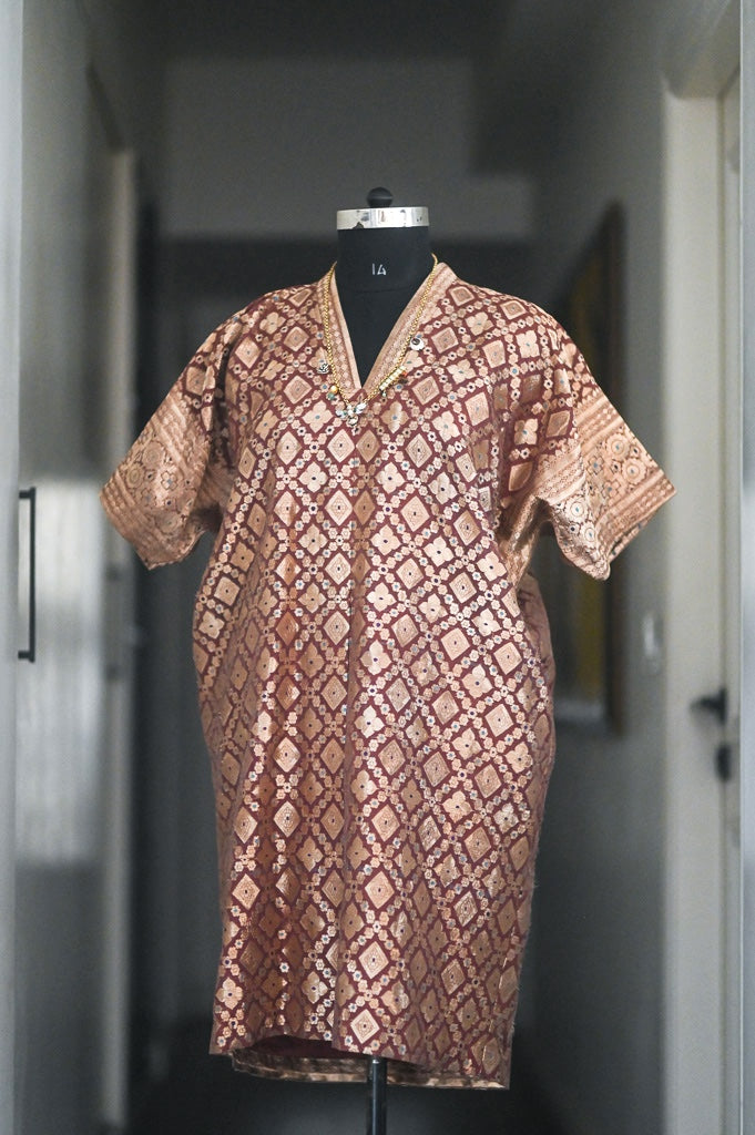 Arfa, Vintage Zari Kaftan Dress in Brown &amp; Gold, Large - kinchecom