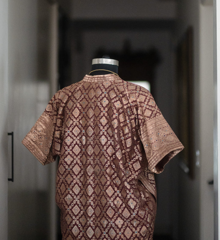 Arfa, Vintage Zari Kaftan Dress in Brown &amp; Gold, Large - kinchecom