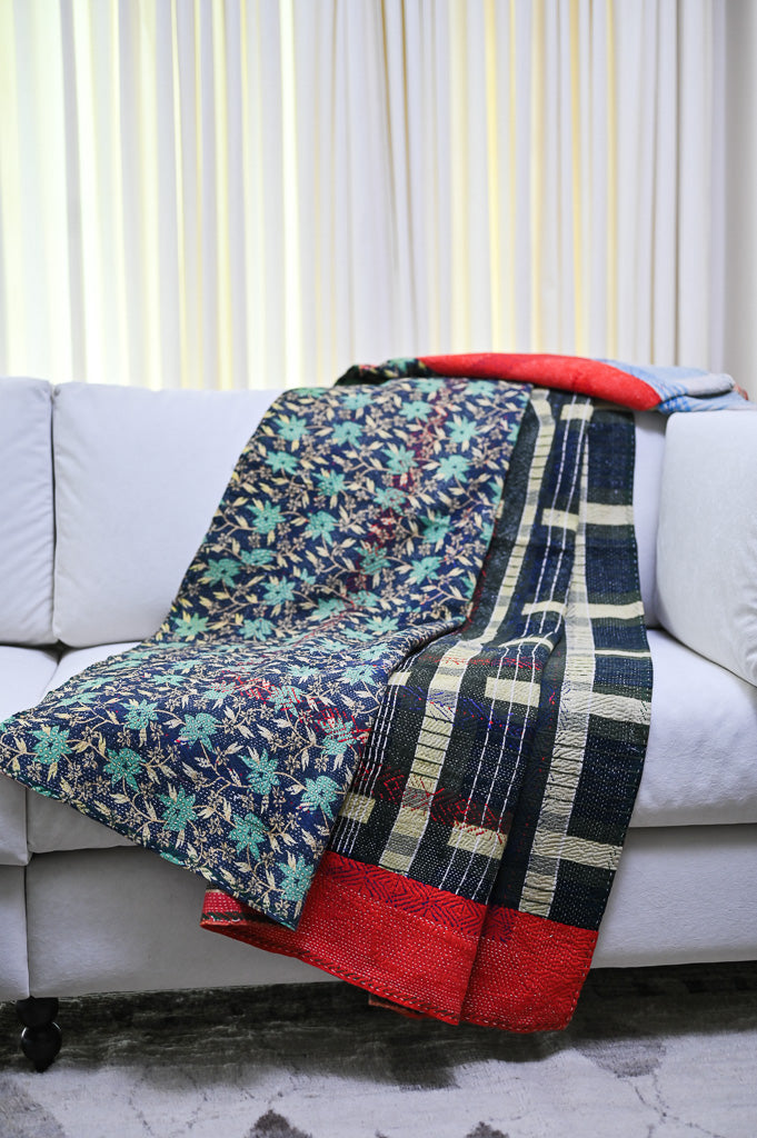 Bikaner, Vintage Hand Embroidered Kantha Quilt, Patchworked - kinchecom