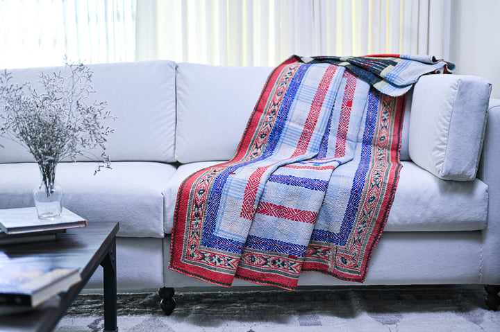 Bikaner, Vintage Hand Embroidered Kantha Quilt, Patchworked - kinchecom