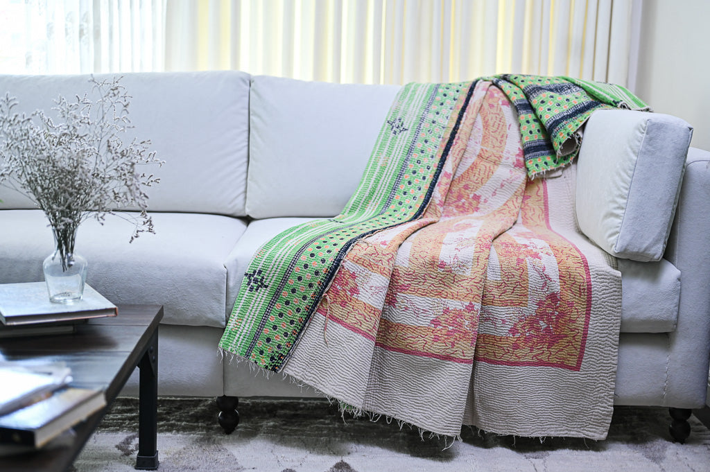 Sutlej, Vintage Hand Embroidered Kantha Quilt, Patchworked, Large - kinchecom
