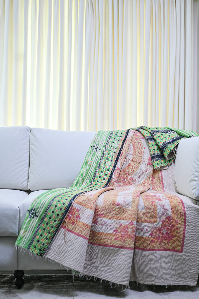 Sutlej, Vintage Hand Embroidered Kantha Quilt, Patchworked, Large - kinchecom
