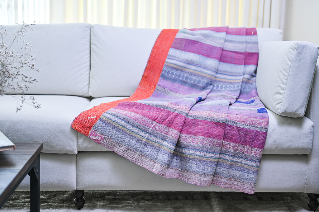 Purba, Vintage Hand Embroidered *Rare Kantha Quilt, Patchworked, Medium - kinchecom
