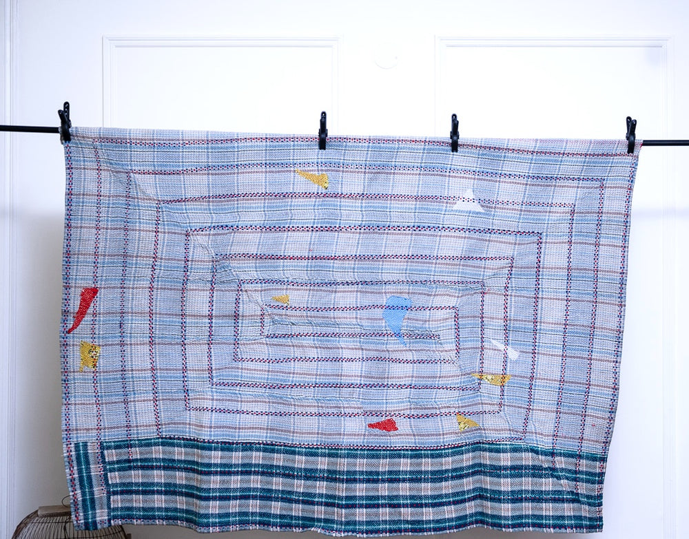 New Delhi, Vintage Hand Embroidered Kantha Quilt, Patchworked, Small - kinchecom