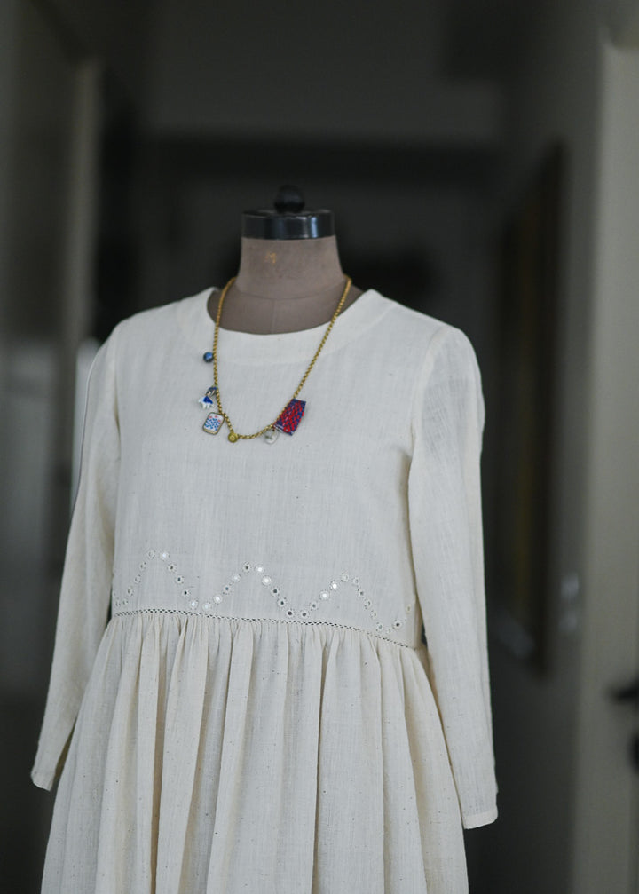 Boston, Off White Organic kala Cotton Dress with Hand Embroidered Mirror Work - kinchecom