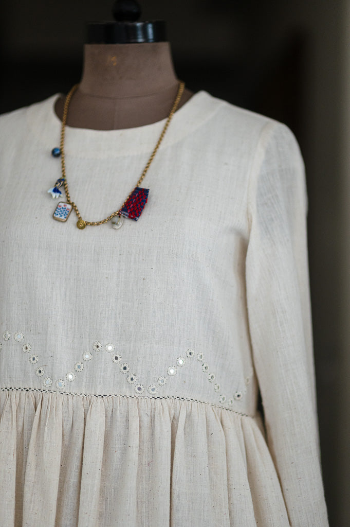 Boston, Off White Organic kala Cotton Dress with Hand Embroidered Mirror Work - kinchecom