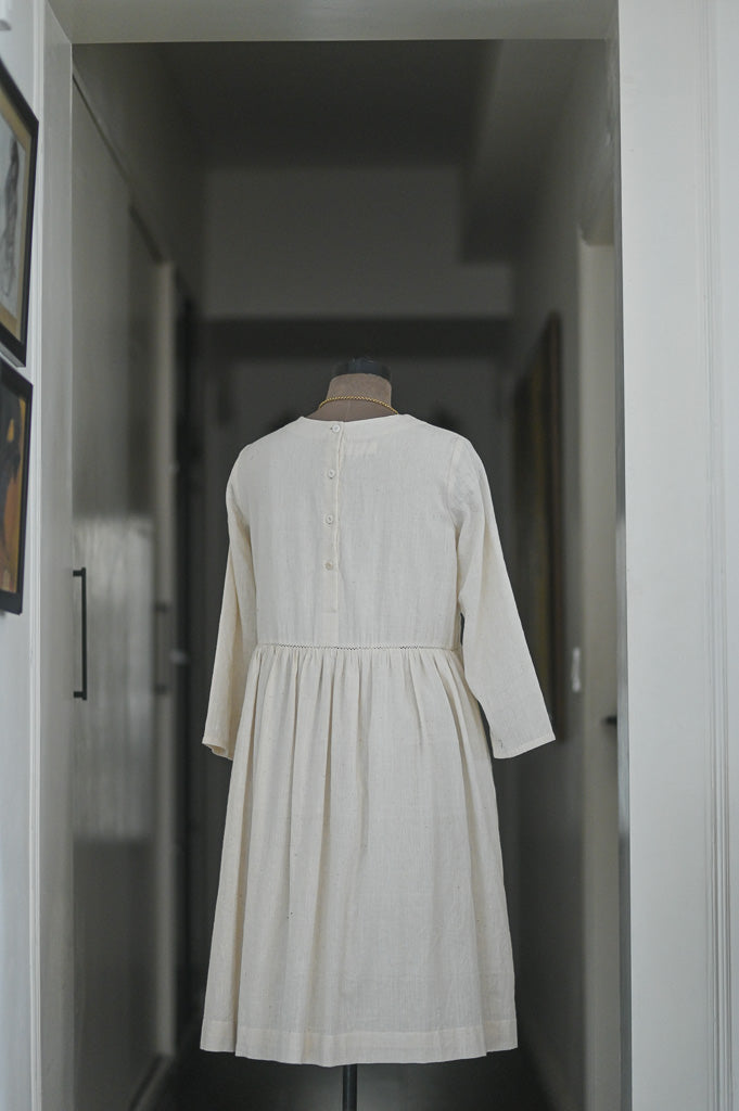 Boston, Off White Organic kala Cotton Dress with Hand Embroidered Mirror Work - kinchecom