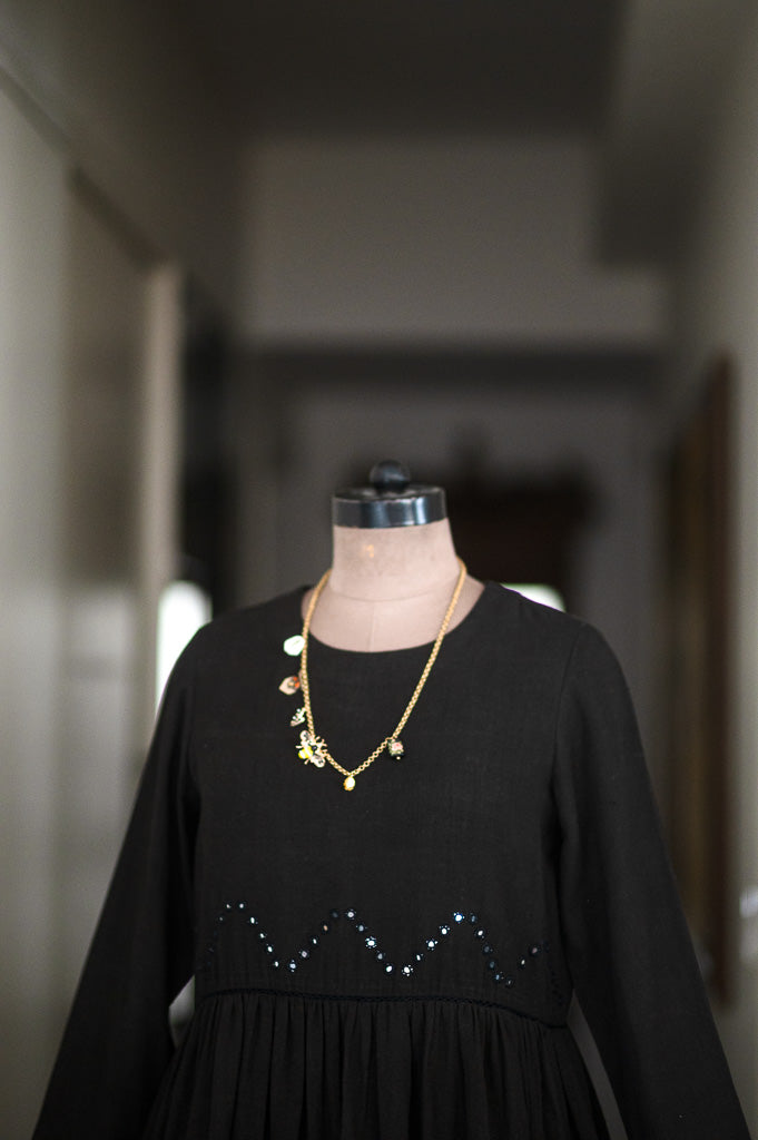 Boston Black, Organic kala Cotton Dress with Hand Embroidered Mirror Work - kinchecom