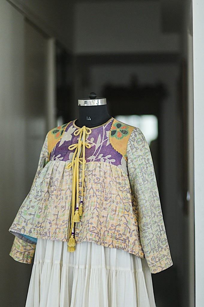 Amsterdam, Vintage Kantha, Flared Boho Jacket with Vintage Embroidery, XL