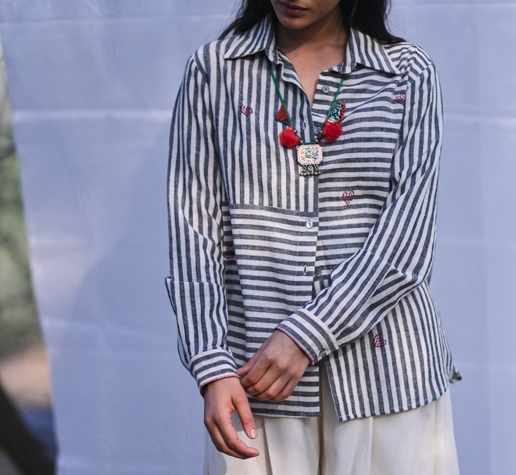 Sydney, Hand Embroidered Kala Cotton Shirt in Black &amp; Off White Stripes, Unisex - kinchecom