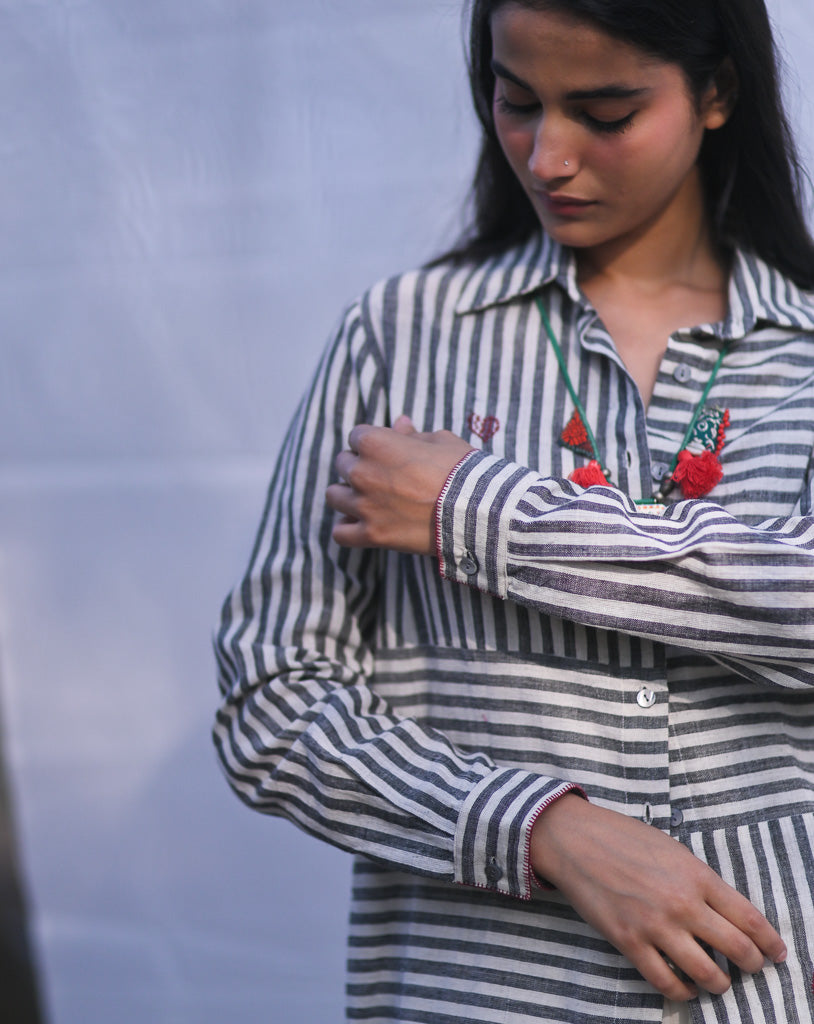 Sydney, Hand Embroidered Kala Cotton Shirt in Black &amp; Off White Stripes, Unisex - kinchecom