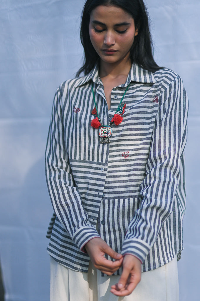 Sydney, Hand Embroidered Kala Cotton Shirt in Black &amp; Off White Stripes, Unisex - kinchecom