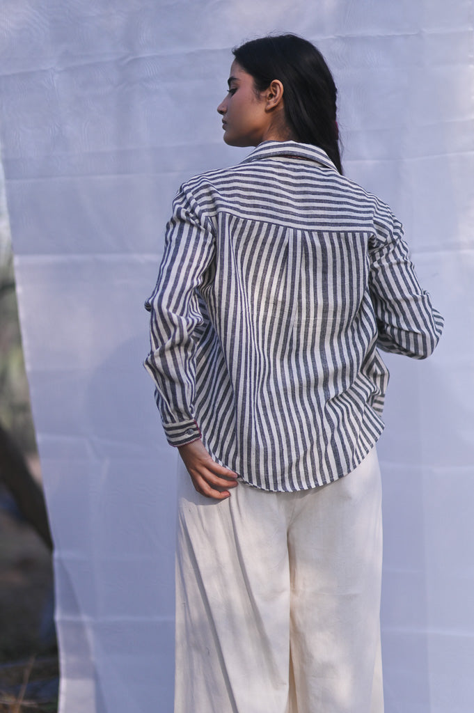 Sydney, Hand Embroidered Kala Cotton Shirt in Black &amp; Off White Stripes, Unisex - kinchecom