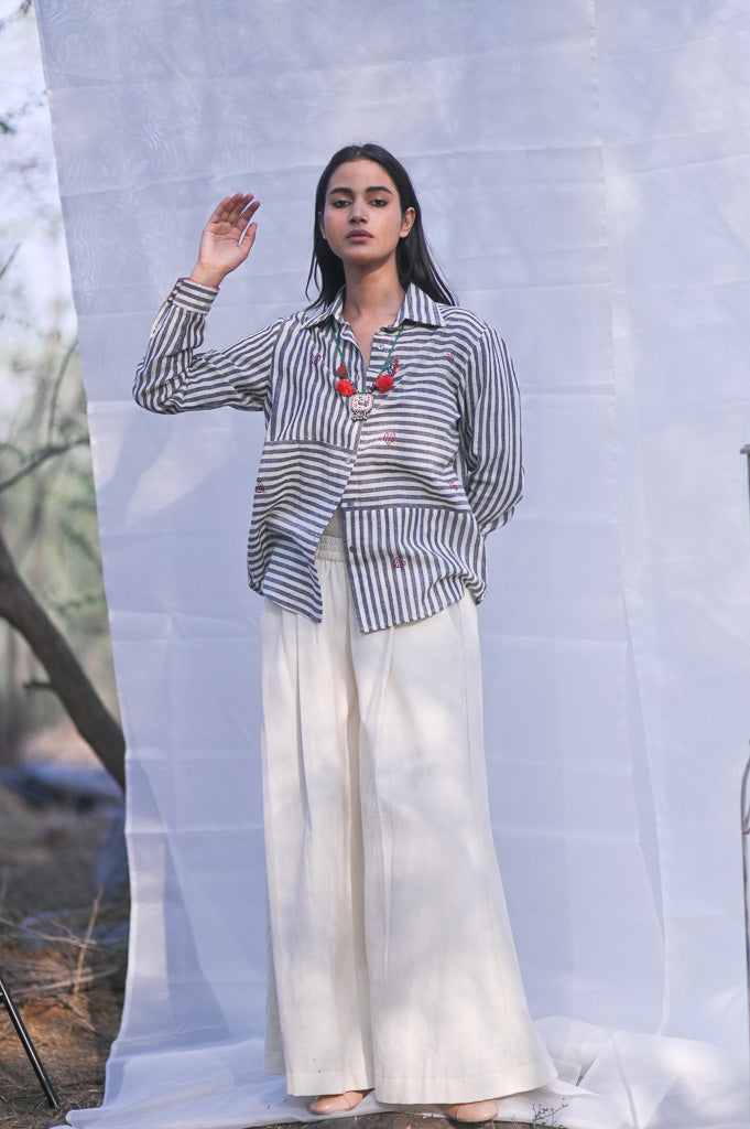 Sydney, Hand Embroidered Kala Cotton Shirt in Black &amp; Off White Stripes, Unisex - kinchecom