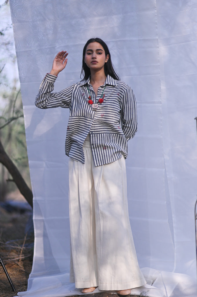 Sydney, Hand Embroidered Kala Cotton Shirt in Black &amp; Off White Stripes, Unisex - kinchecom