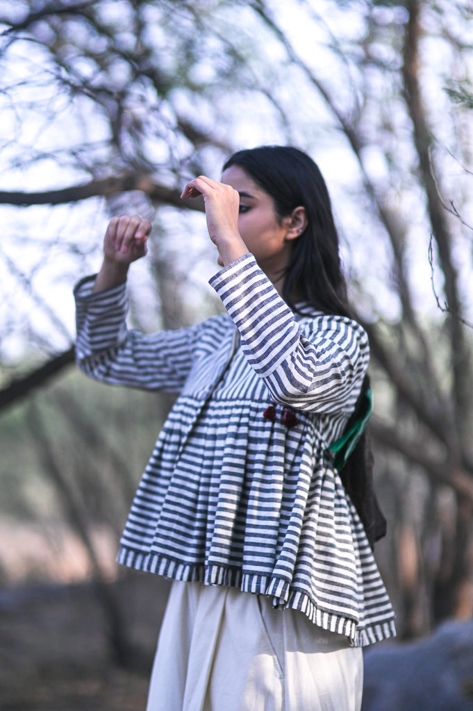 Melbourne, Charcoal Grey and Off White stripes, Kedia, with Hand Embroidery - kinchecom