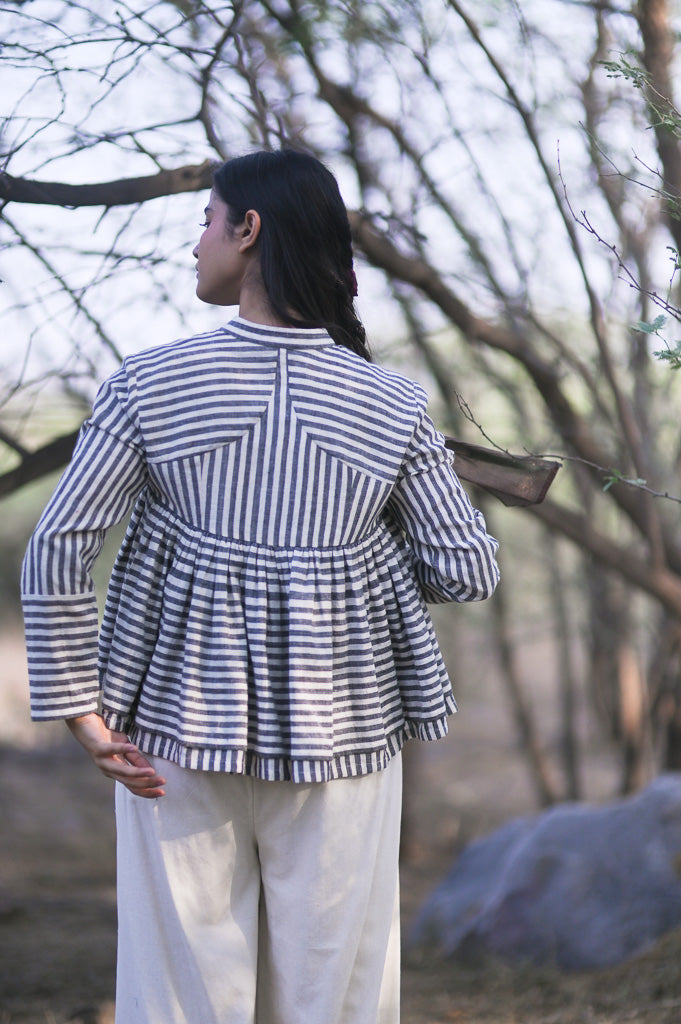 Melbourne, Charcoal Grey and Off White stripes, Kedia, with Hand Embroidery - kinchecom