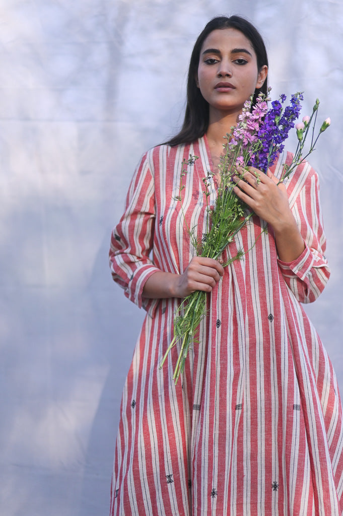 Perth, Kala Cotton Red and Off White Striped Long Dress - kinchecom