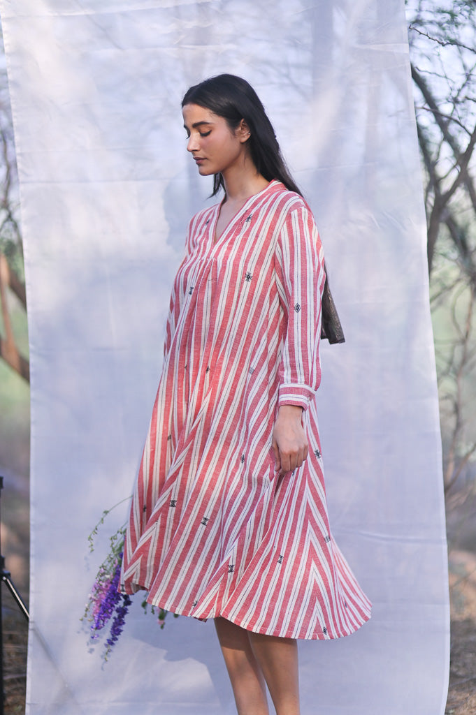 Perth, Kala Cotton Red and Off White Striped Long Dress - kinchecom