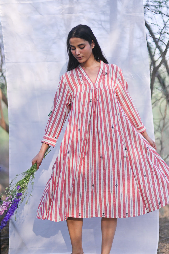 Perth, Kala Cotton Red and Off White Striped Long Dress - kinchecom