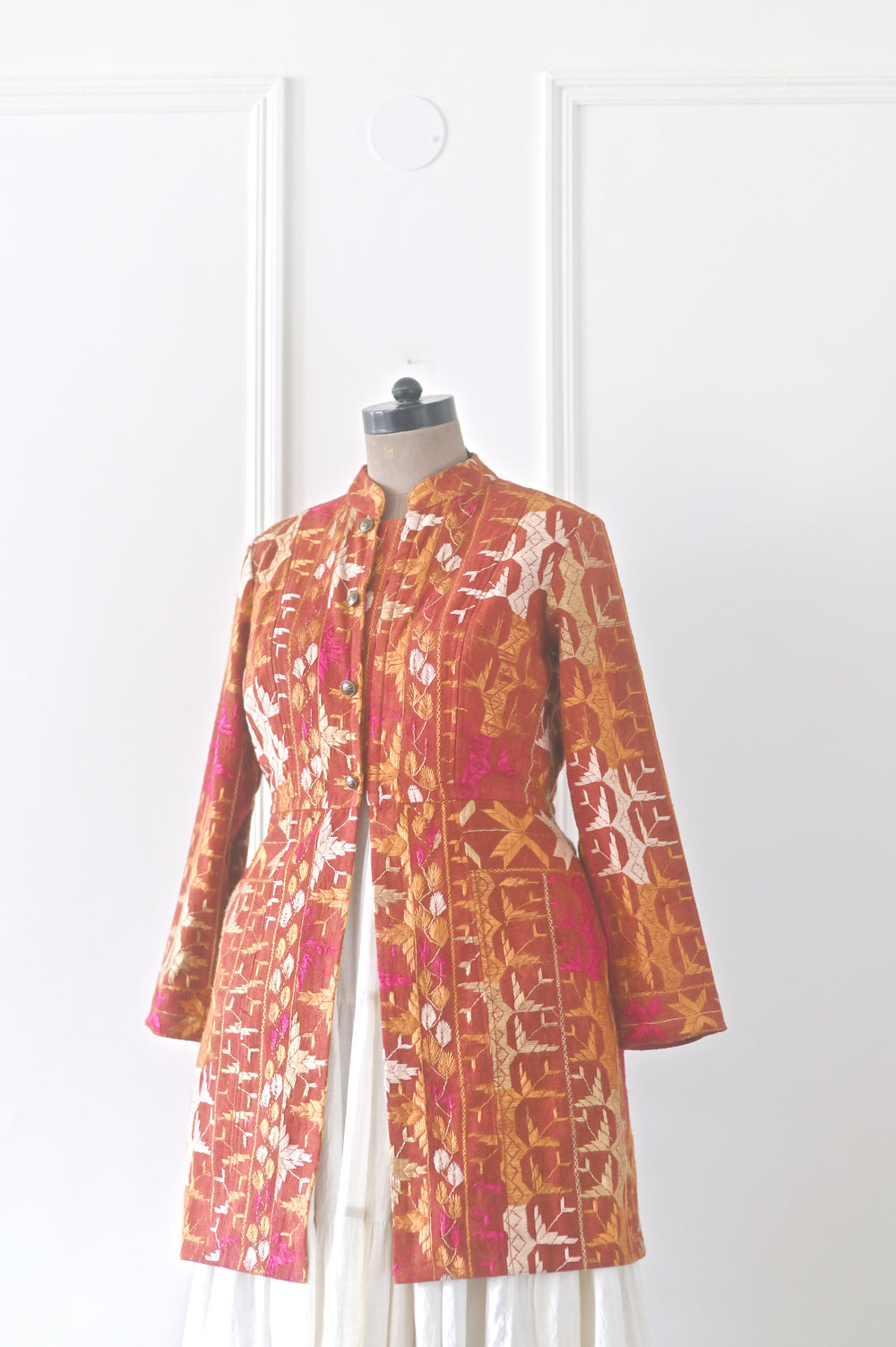 Ardas, Size large, Knee Length Jacket Made of Antique Phulkari Chaddar/ One of a Kind - kinchecom