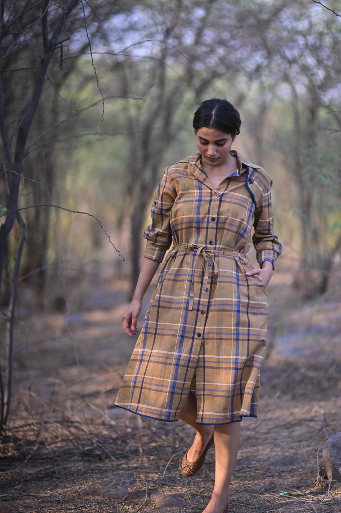 Brooklyn, Hand Woven Cotton Madras Check Trench Shirt Dress - kinchecom