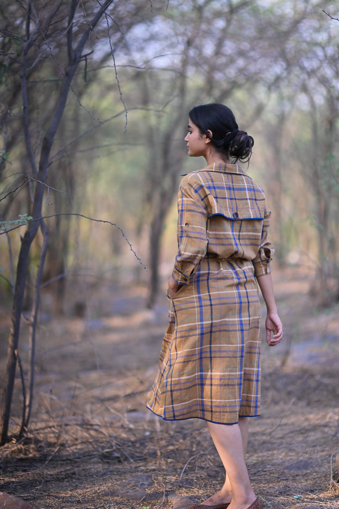 Brooklyn, Hand Woven Cotton Madras Check Trench Shirt Dress - kinchecom