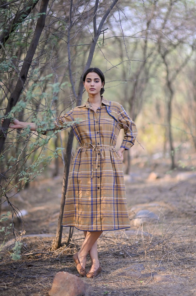 Brooklyn, Hand Woven Cotton Madras Check Trench Shirt Dress - kinchecom