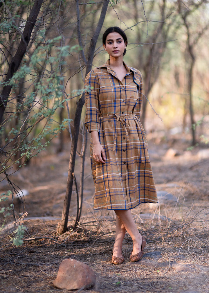Brooklyn, Hand Woven Cotton Madras Check Trench Shirt Dress - kinchecom